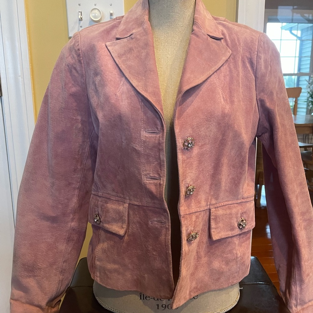 Pink Leather suede XOXO jacket sz L. Used but in good condition.